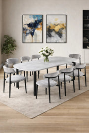 Luxury 8 Person Dining Set Faux Marble Top Table Grey Fabric Chairs Black Metal Legs Modern Design