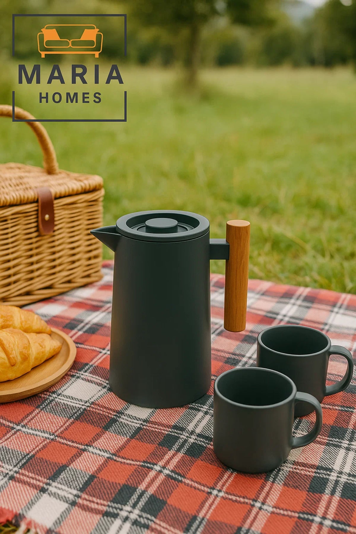 Modern Matte Insulated Thermos Jug with Wooden Handle Ð 1 Liter, Dark Grey