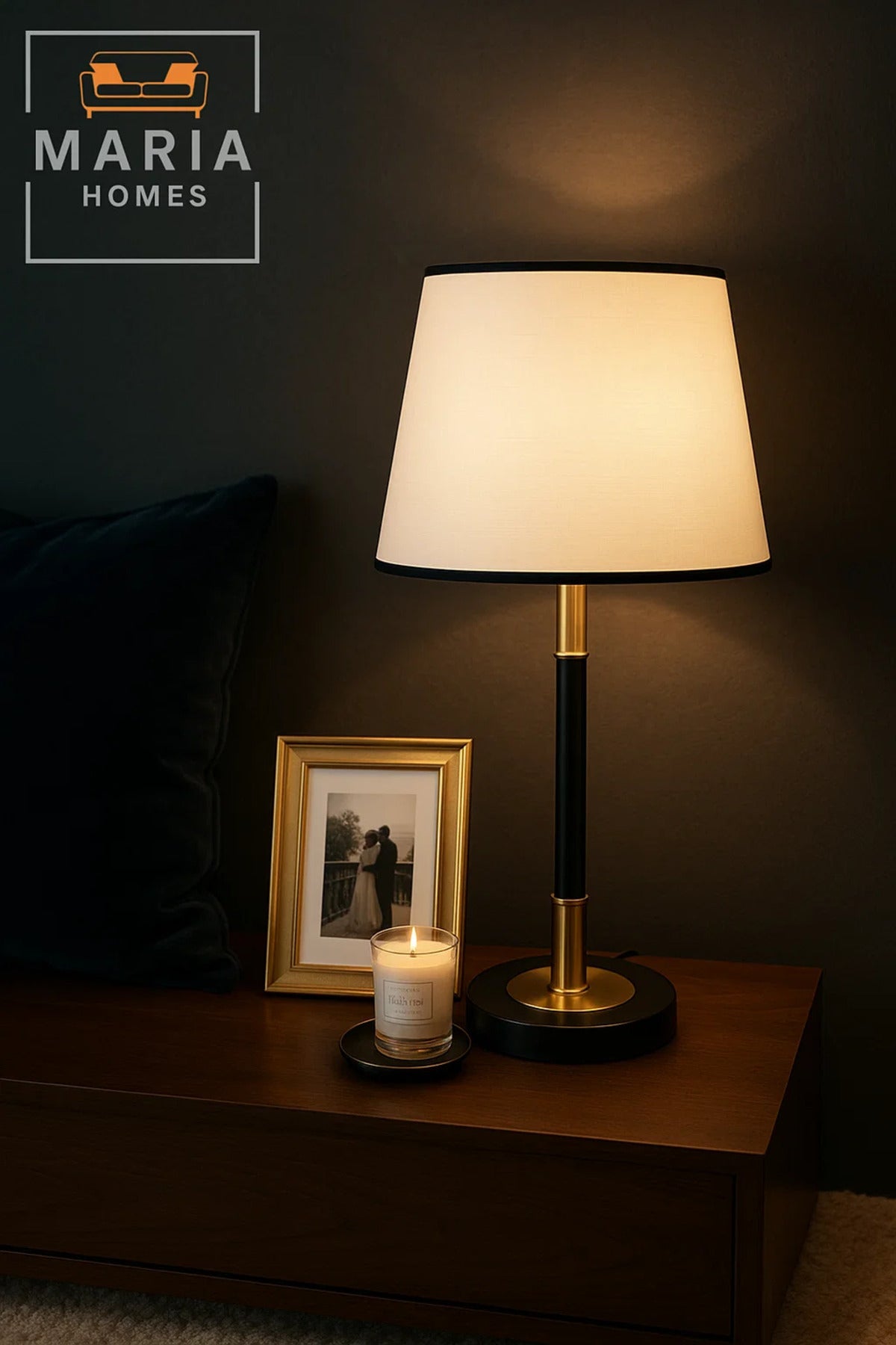 Slim Black and Gold Table Lamp with White Shade
