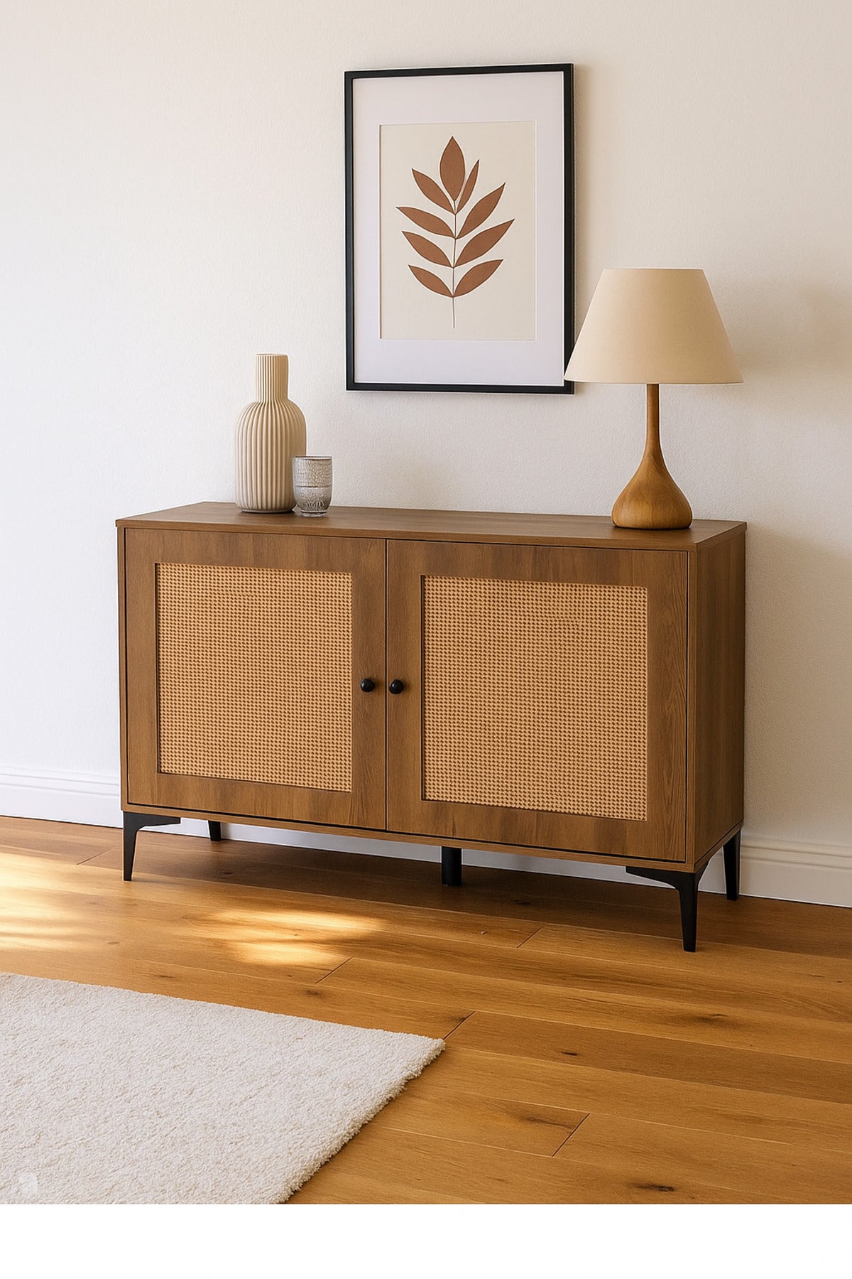 Brown Rattan Console Table 120_40_85 cm Ð Modern Wooden Storage Cabinet with Black Metal Legs