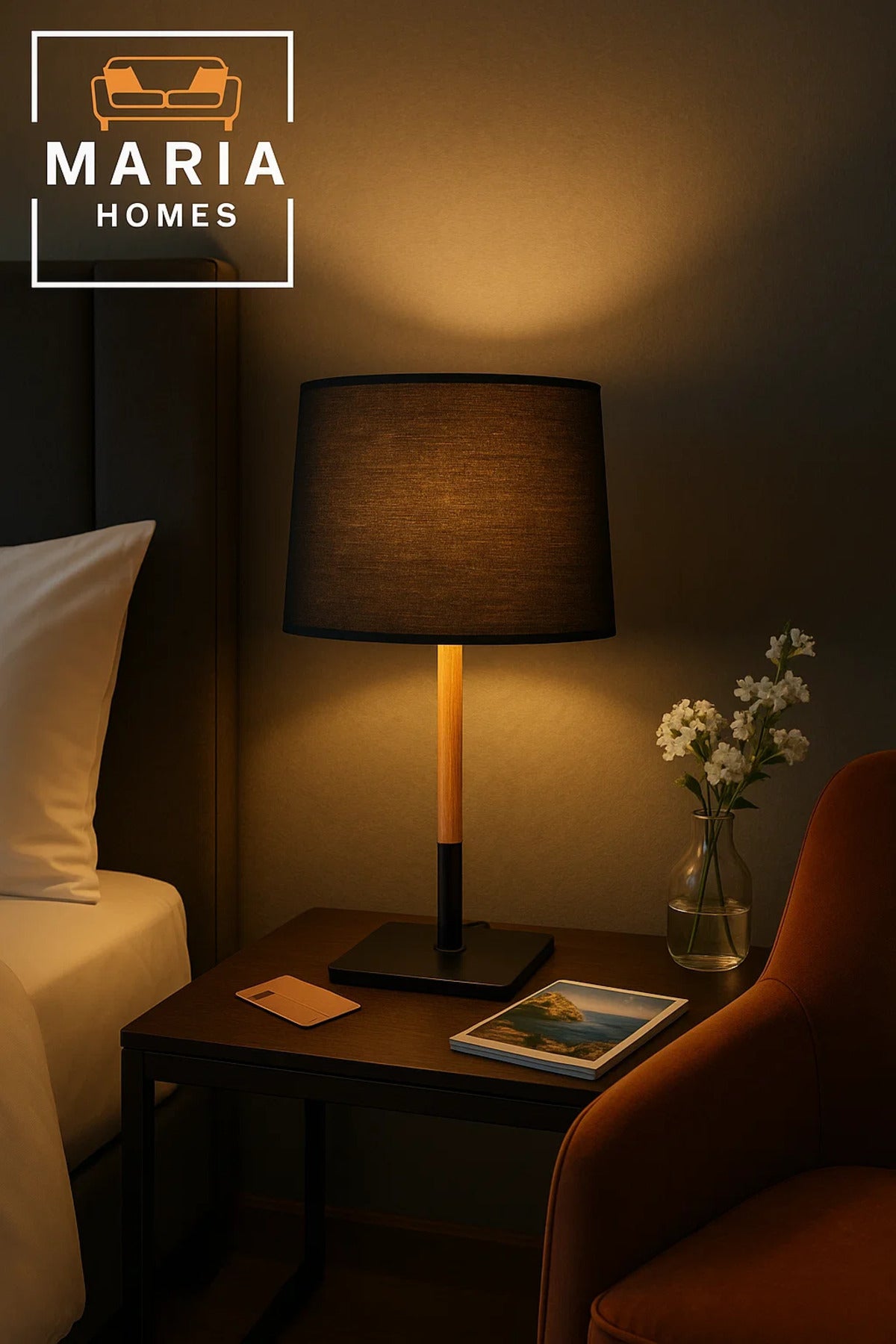 Modern Black Table Lamp with Wooden Stand for Home Office or Bedroom Lighting