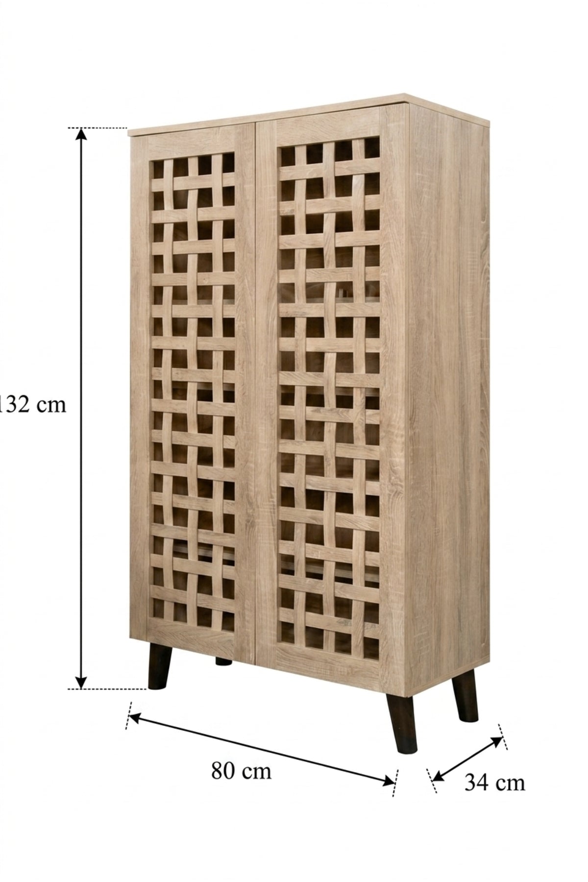Modern Oak Storage Cabinet with Geometric Lattice Doors and Scandinavian Style