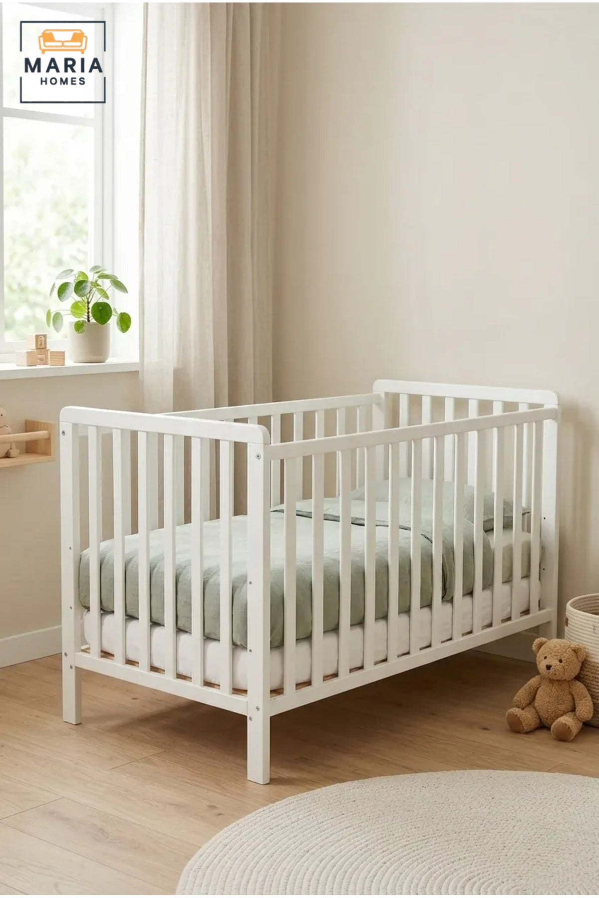 Wooden Baby Cot with Slatted Safety Rails, Modern Nursery Crib Bed with Raised Sleeping Base for Newborn Babies, Infants and Toddlers