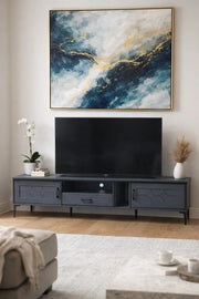 Dark Grey TV Unit 200cm Wide Modern Media Cabinet with Geometric Doors and Storage for Living Room