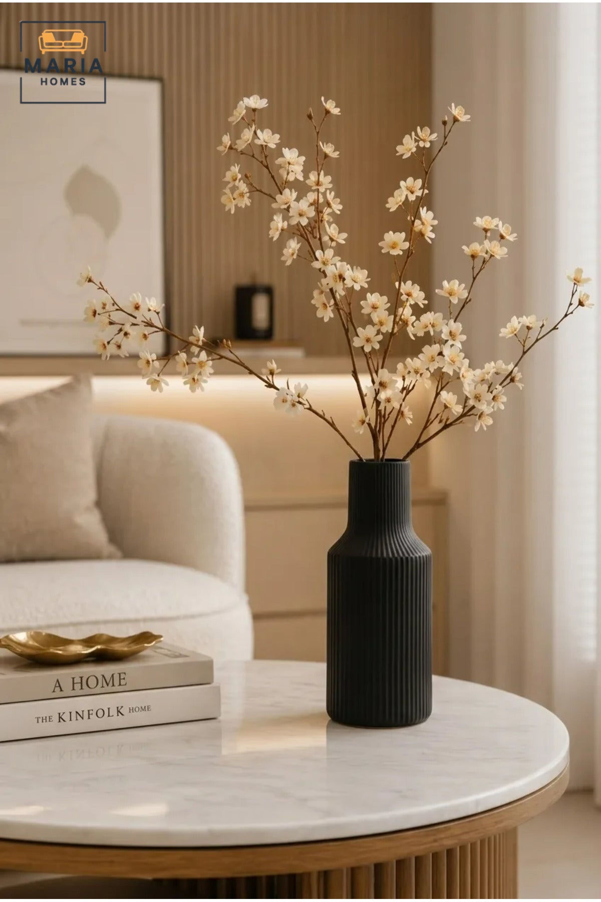 Modern Decorative Flower Vase with Ribbed Texture and Narrow Neck for Living Room, Bedroom, Office, Shelf, Console Table and Contemporary Home Décor