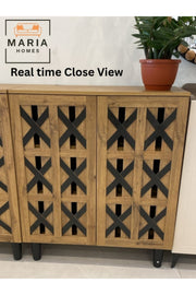 Rustic Wood Shoe Rack Cabinet with Black X Design Ð 2-Door Compact Shoe Storage Organizer