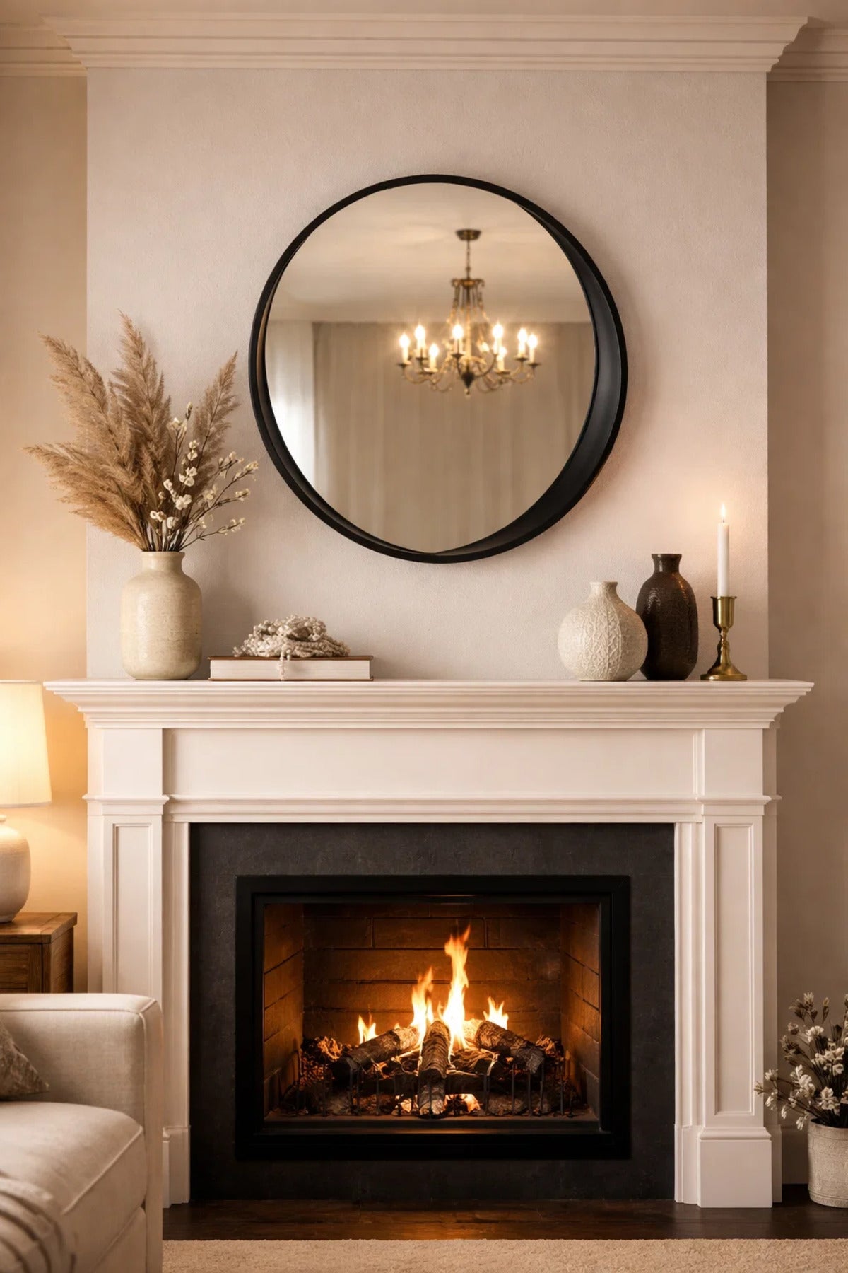 Modern Round Wall Mirror 90cm Large Black Wooden Frame Circle Mirror for Bathroom Vanity Living Room