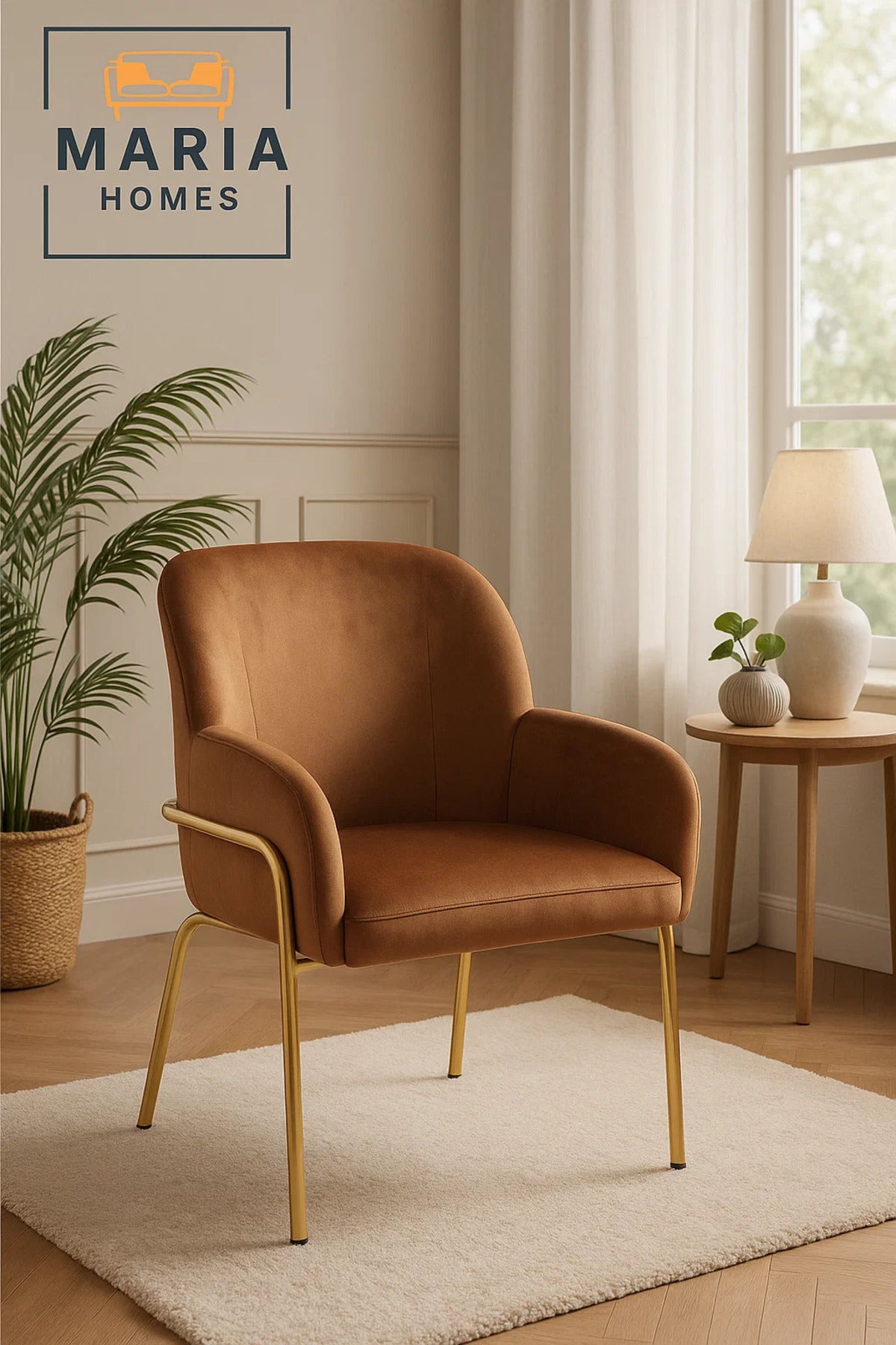 Luxury Modern Velvet Dining Chair with Armrest & Gold Legs, Comfortable Accent Chair for Home
