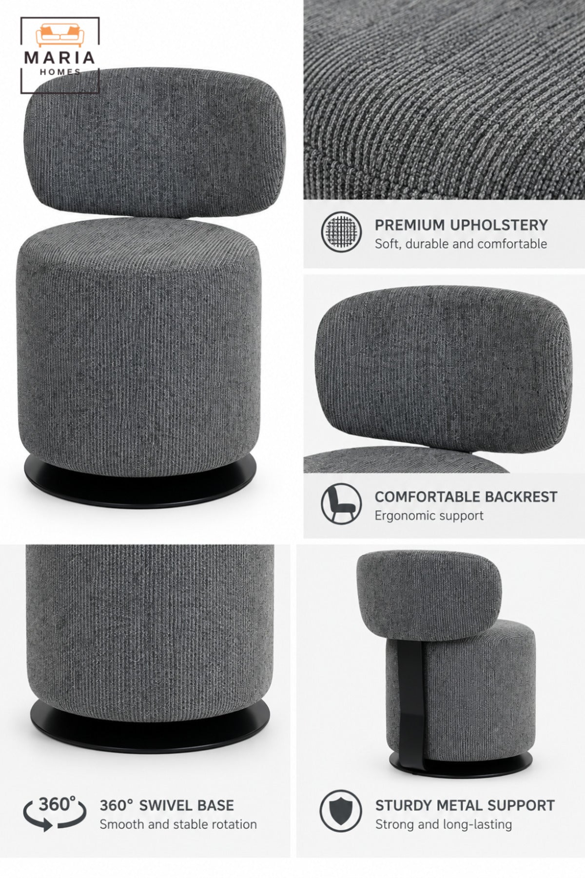 Modern 360° Swivel Arm Chair | Dark Grey Fabric Upholstered Accent Chair with Padded Seat, Curved Backrest & Black Round Base for Living Room