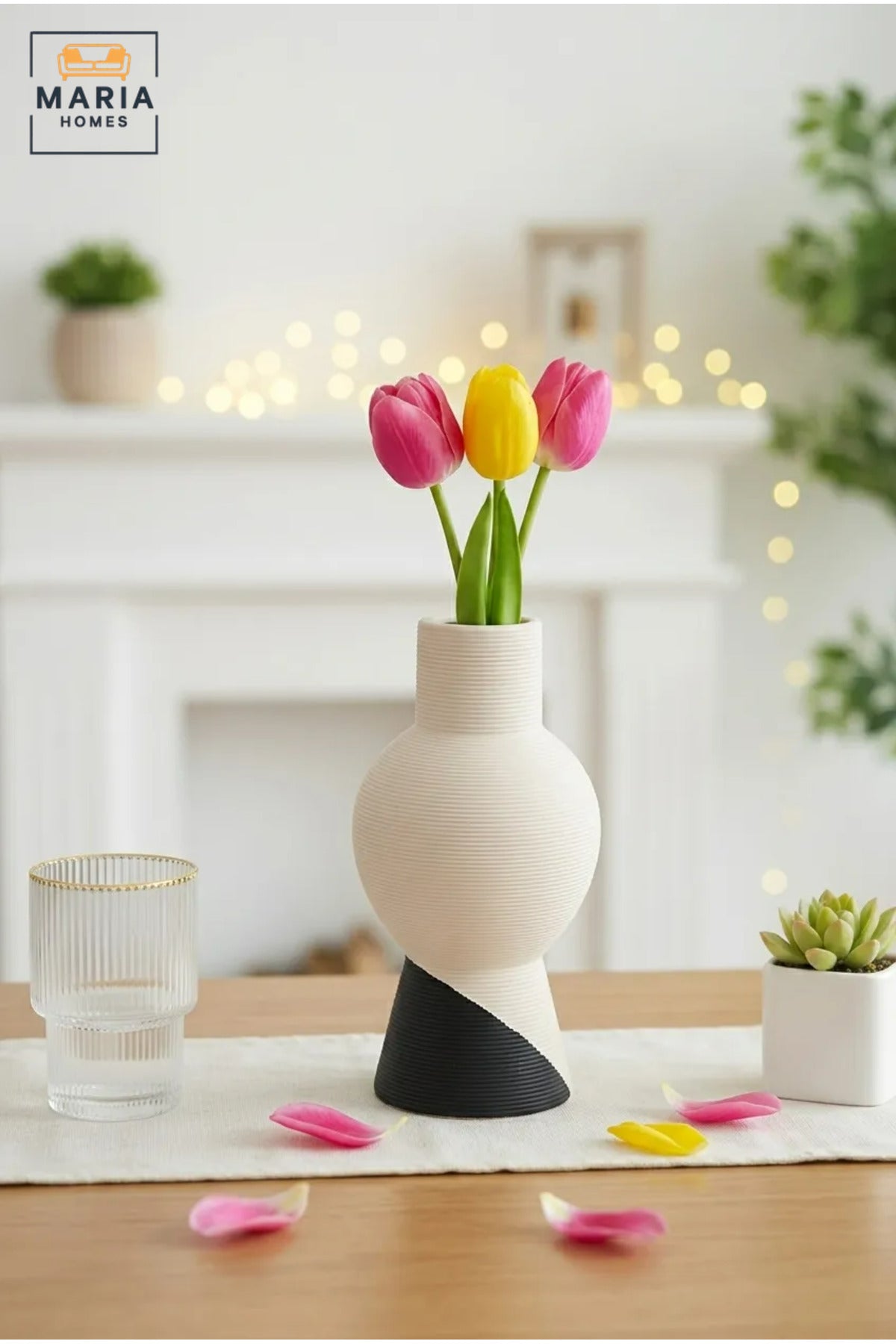 Modern Decorative Flower Vase with Two-Tone Abstract Design, Sculptural Curved Shape and Ribbed Texture for Living Room, Bedroom, Office and Console Décor