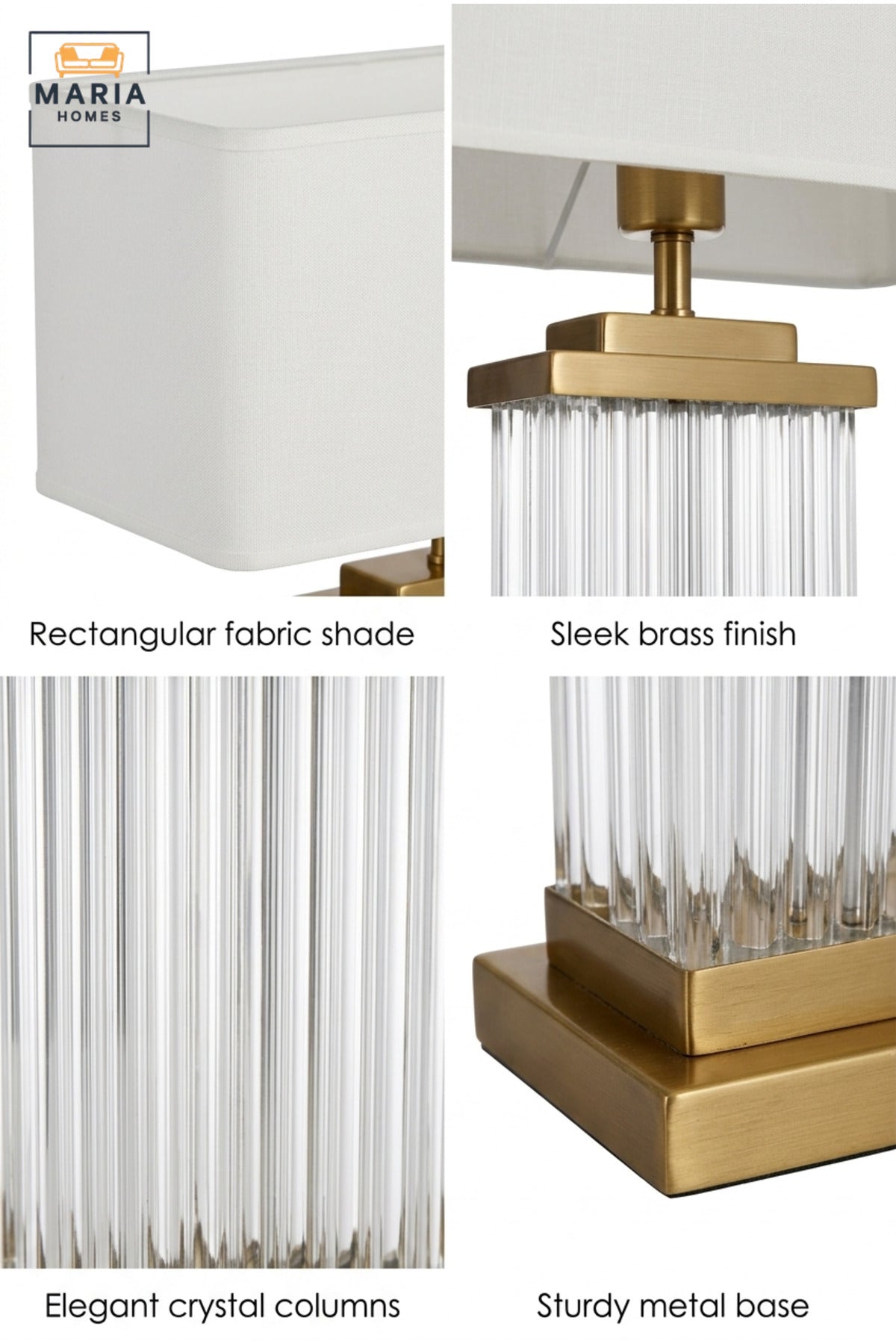 Luxury Rectangular Crystal Table Lamp with White Fabric Shade, Ribbed Clear Base and Antique Gold Tone Frame for Bedroom, Living Room, Office and Hotel
