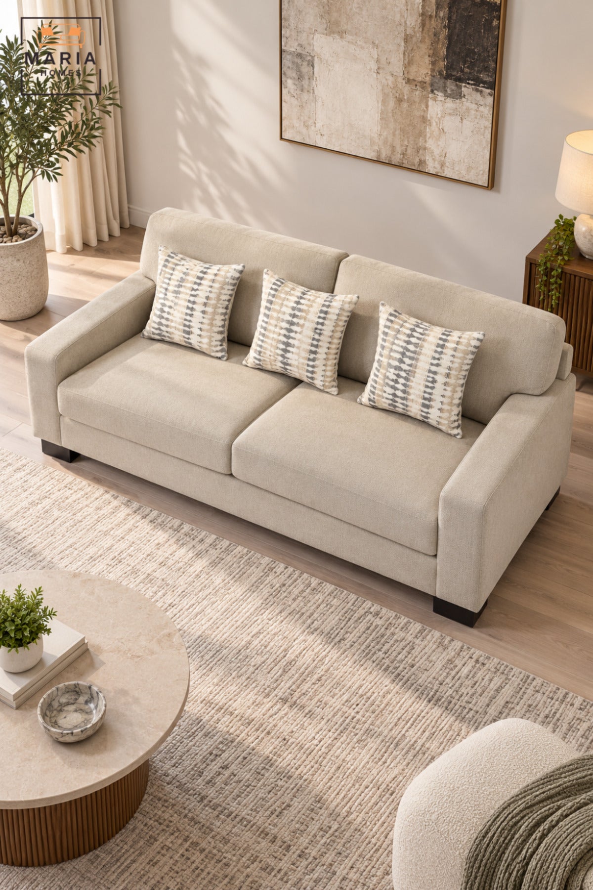 Modern 3 Seater Upholstered Sofa with Deep Cushioned Seats, Supportive Backrest, Wide Armrests & Decorative Pillows for Living Room and Lounge