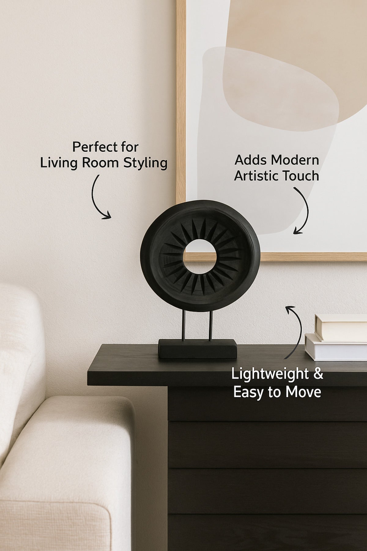 Black Wooden Round Decorative Sculpture on Stand Ð Modern Home Accent