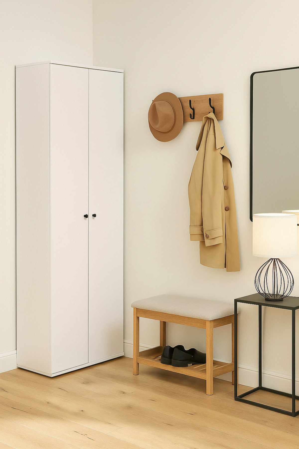 Modern White Wardrobe Cabinet √ê 196_62_36 cm | Sleek 2-Door Storage Cupboard for Bedroom or Office