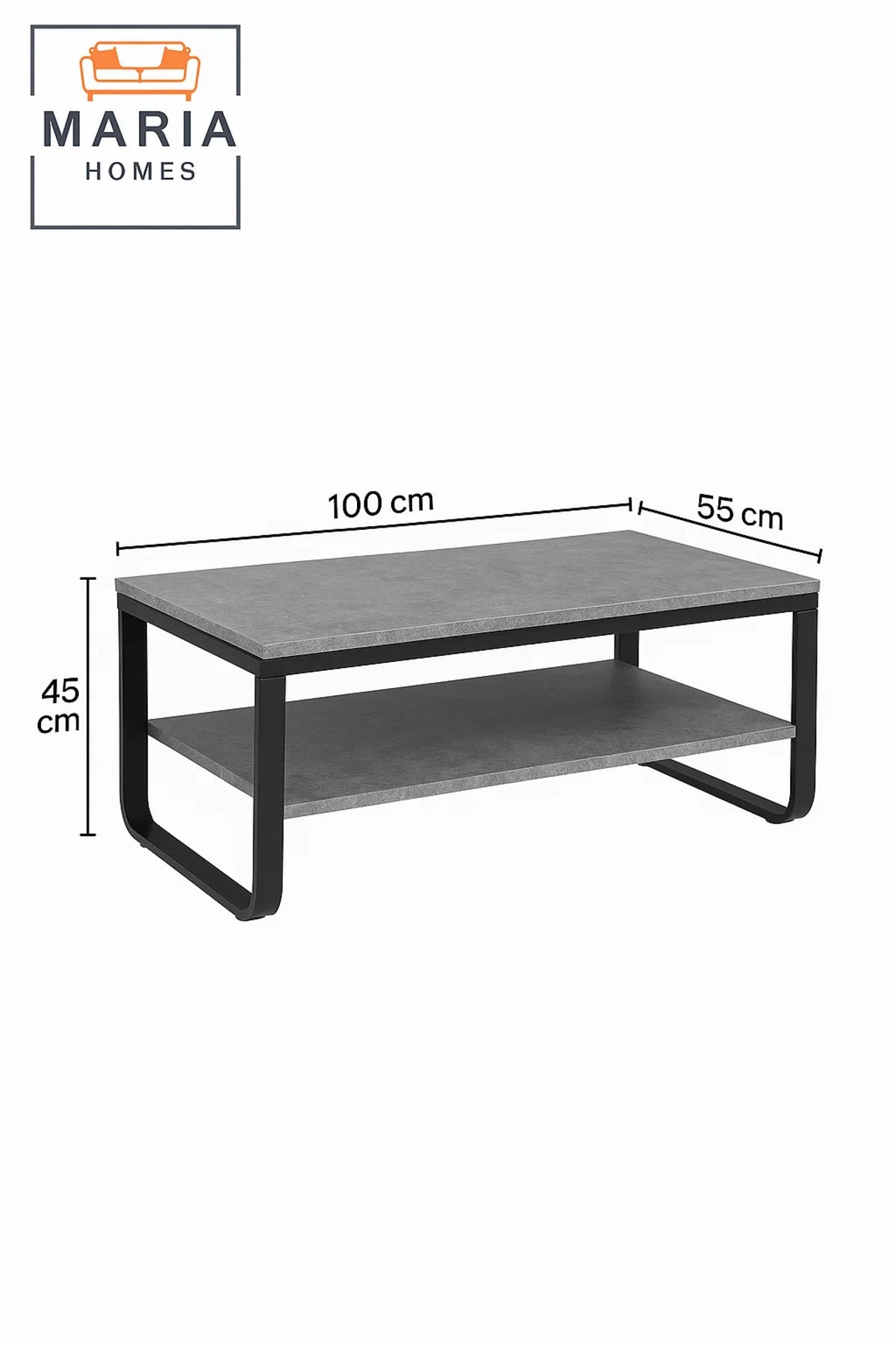 Modern Grey Stone Look Center Table 100x55x45cm Ð Coffee Table with Shelf & Black Metal Frame