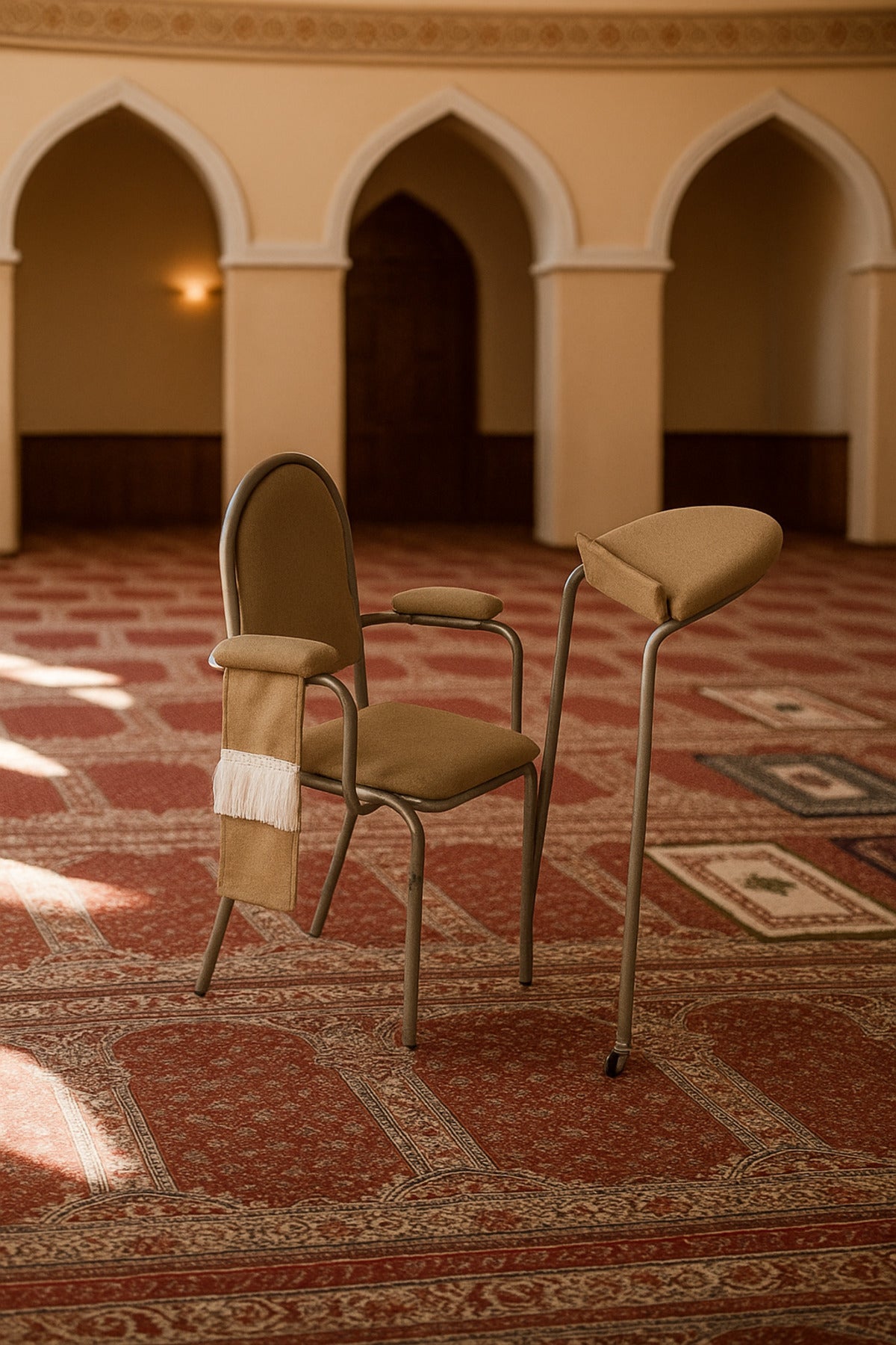 Brown Prayer Chair with Back Support Ð Comfortable Metal Frame Chair with Foldable Kneeling Stand