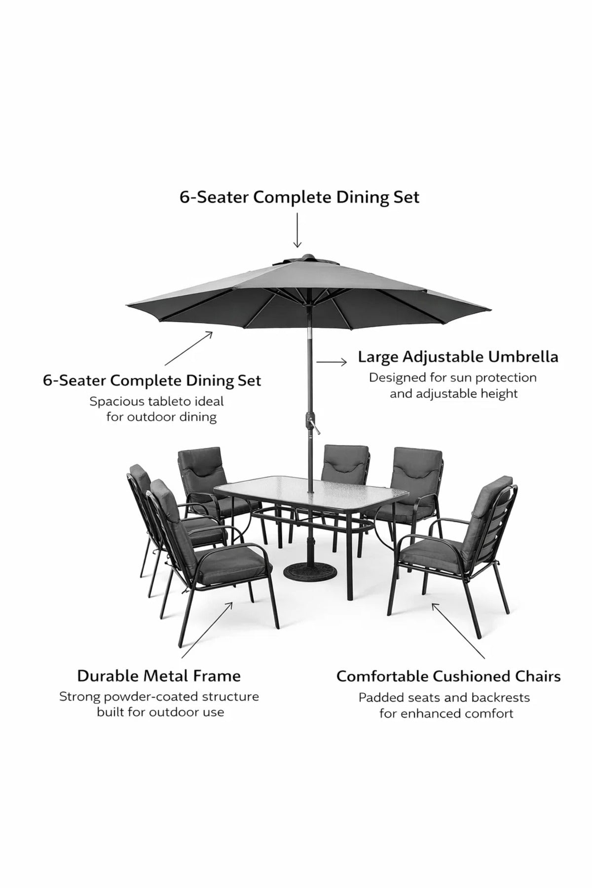 Outdoor 6-Seater Dining Set with Parasol Rectangular Table and Comfy Cushioned Chairs Dark Grey