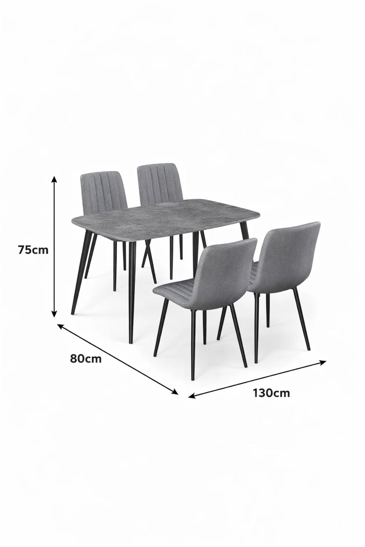 Modern Grey Dining Room Set 4 Fabric Chairs Stone Pattern Table Black Metal Legs 130x80cm Kit