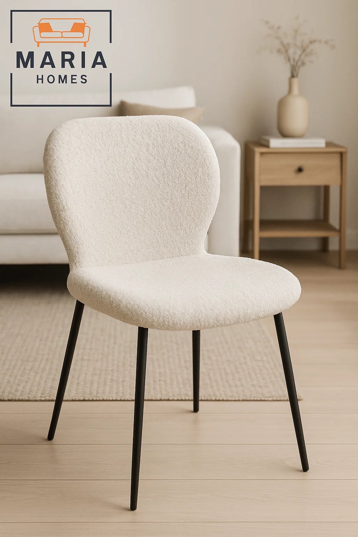 Cream BouclŽ Fabric Dining Chair Ð Cozy Curved Seat with Black Metal Legs for Modern Home or Office