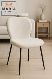 Cream BouclŽ Fabric Dining Chair Ð Cozy Curved Seat with Black Metal Legs for Modern Home or Office