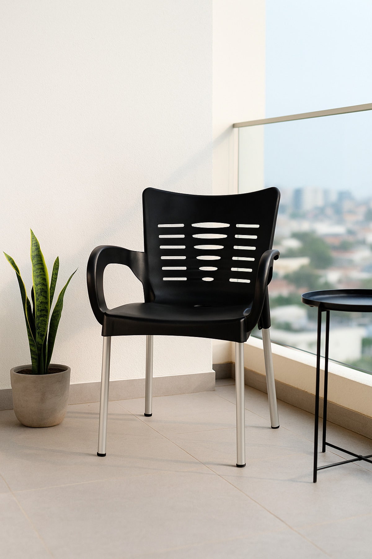 Modern Black Plastic Outdoor Armchair for Garden, Patio & Balcony Stylish and Comfortable Design