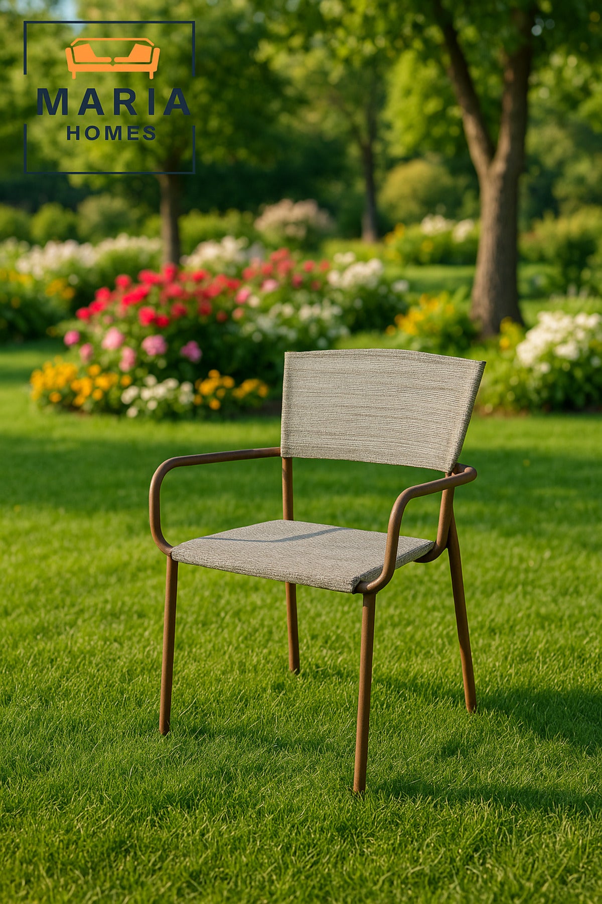 White Brown Metal Outdoor Chair with Armrests Ð Stylish Patio & Garden Dining Seat
