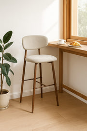Beige Fabric Bar Stool Ð Modern High Chair with Backrest & Wooden Legs for Kitchen or CafŽ