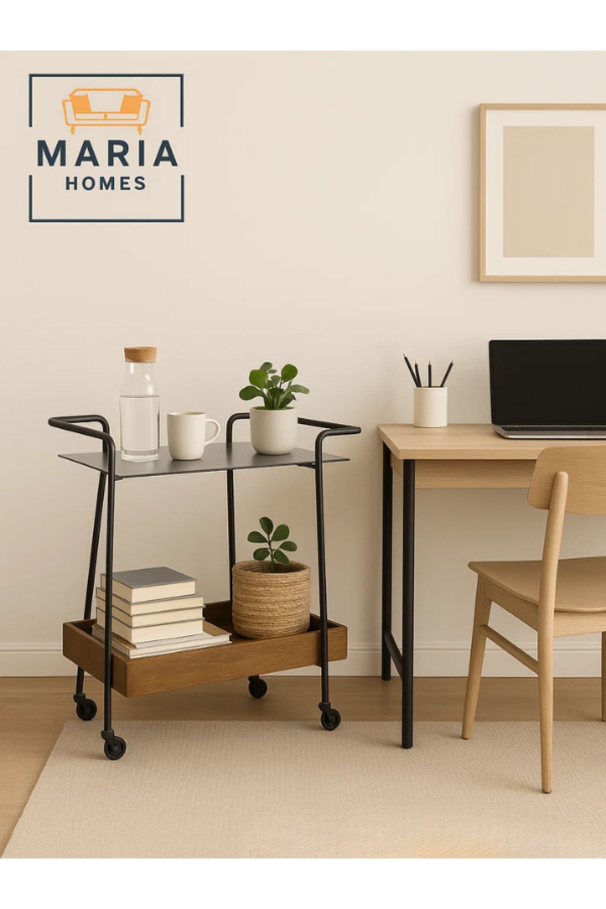 Bar Trolley with Brown Wooden Tray & Gray Glass Top Ð Modern Serving Cart with Wheels 70_45_85 cm