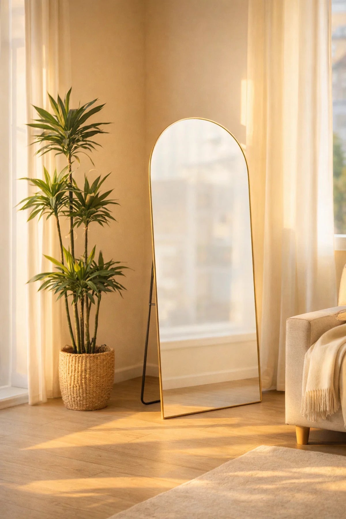 Gold Arched Standing Mirror 160x50cm Full Length Floor Mirror with Stand for Bedroom Living Room