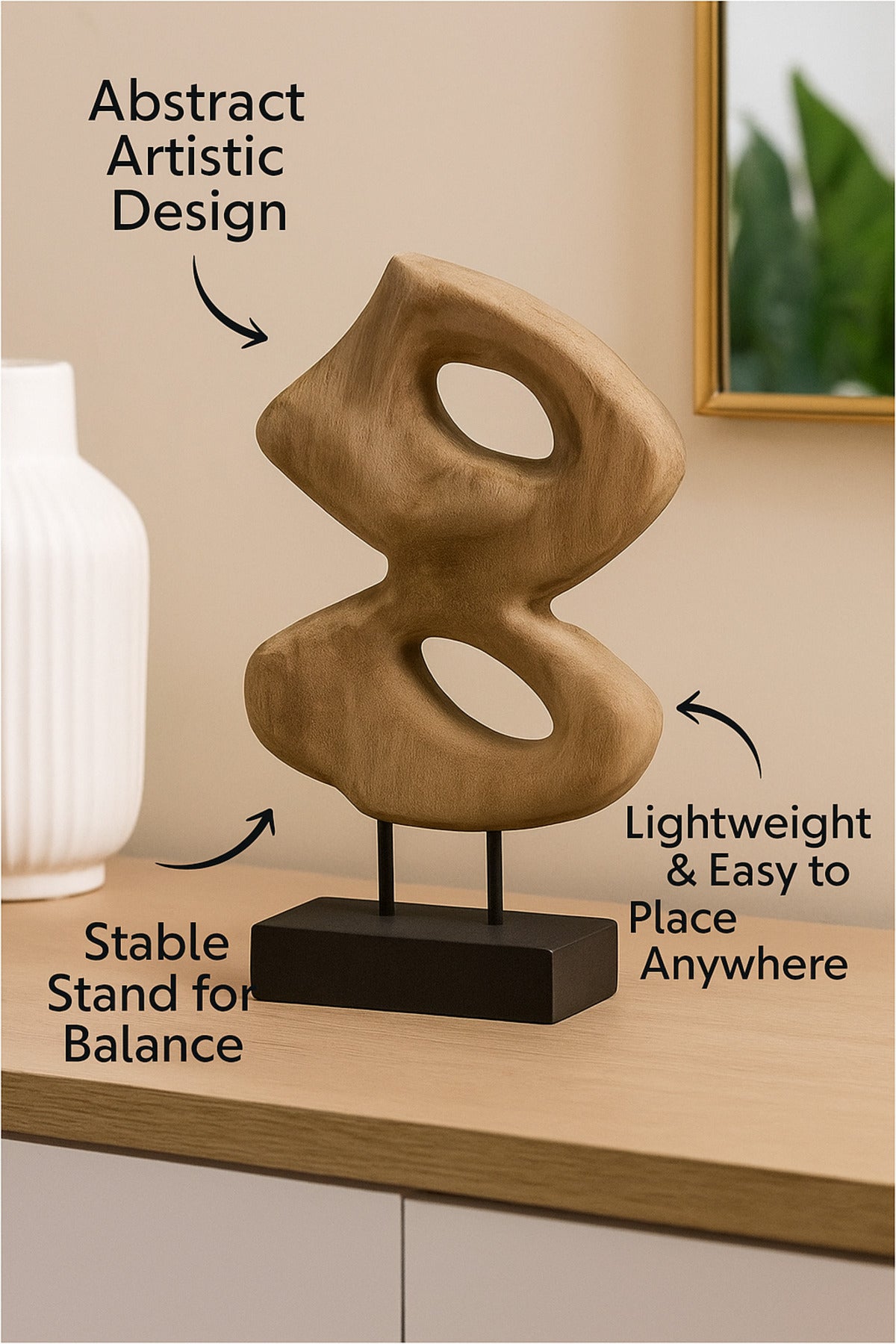 Walnut and Black Wooden Abstract Decorative Sculpture on Stand Ð Modern Art Accent
