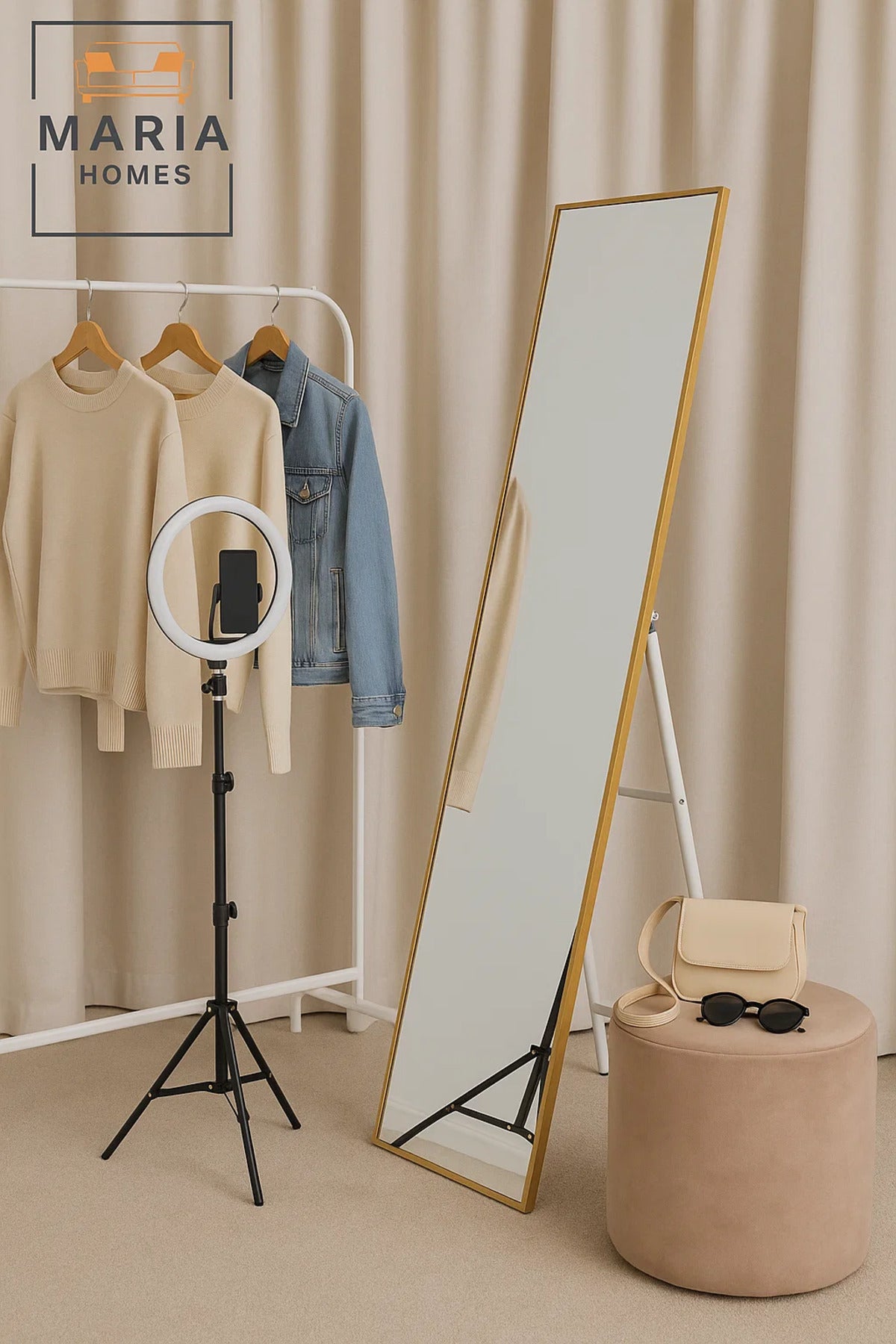 Modern Golden Framed Standing Mirror Ð 155x44 cm Full-Length Floor Mirror