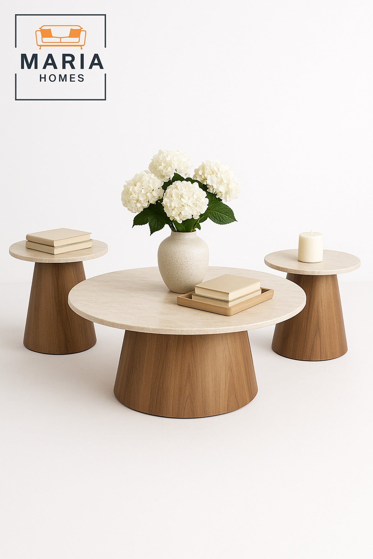 3-Piece Coffee Table Set Ð Beige Laminate Top with Brown Wooden Base (1 Large + 2 Small)