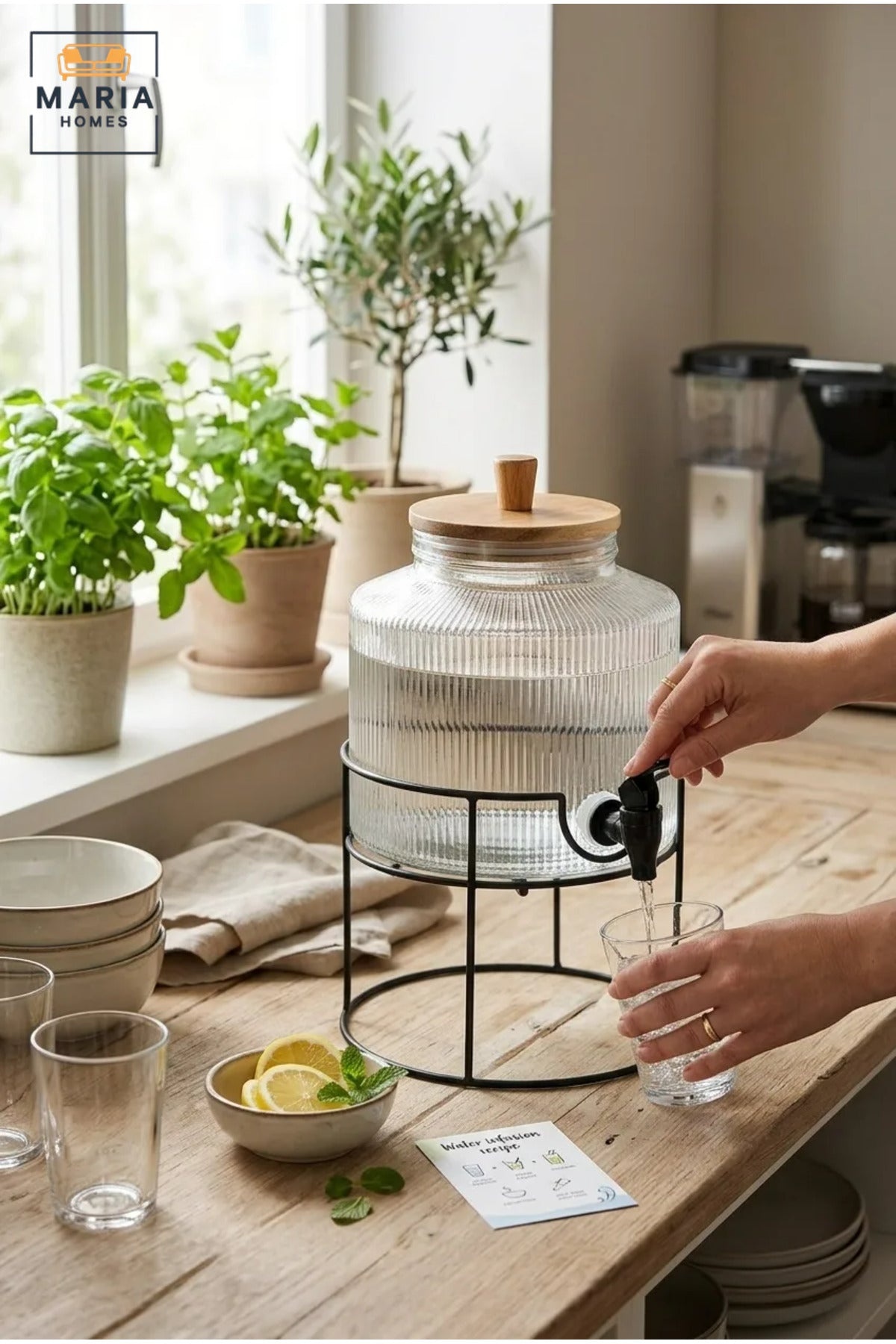Glass Beverage Dispenser with Tap, Wooden Lid and Metal Stand, Drink Jar for Water, Juice, Lemonade, Iced Tea, Parties, Buffets and Home Use