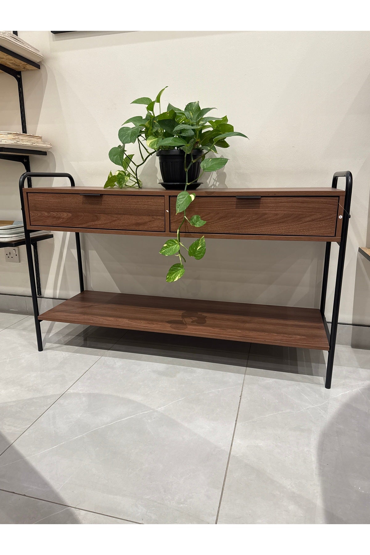 Walnut Console Table with Black Metal Frame and Dual Drawers
