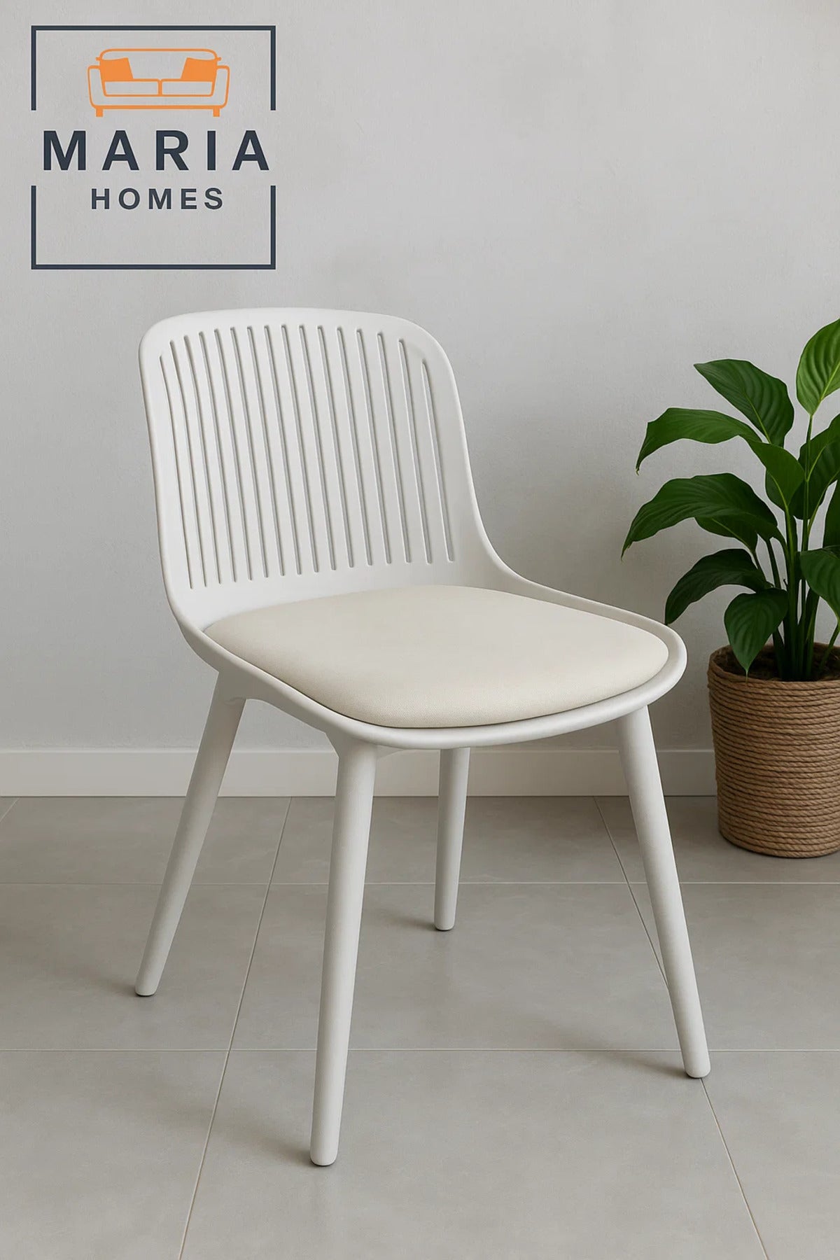 Modern White Plastic Chair with Vertical Cutout Back and Cream Seat Cushion
