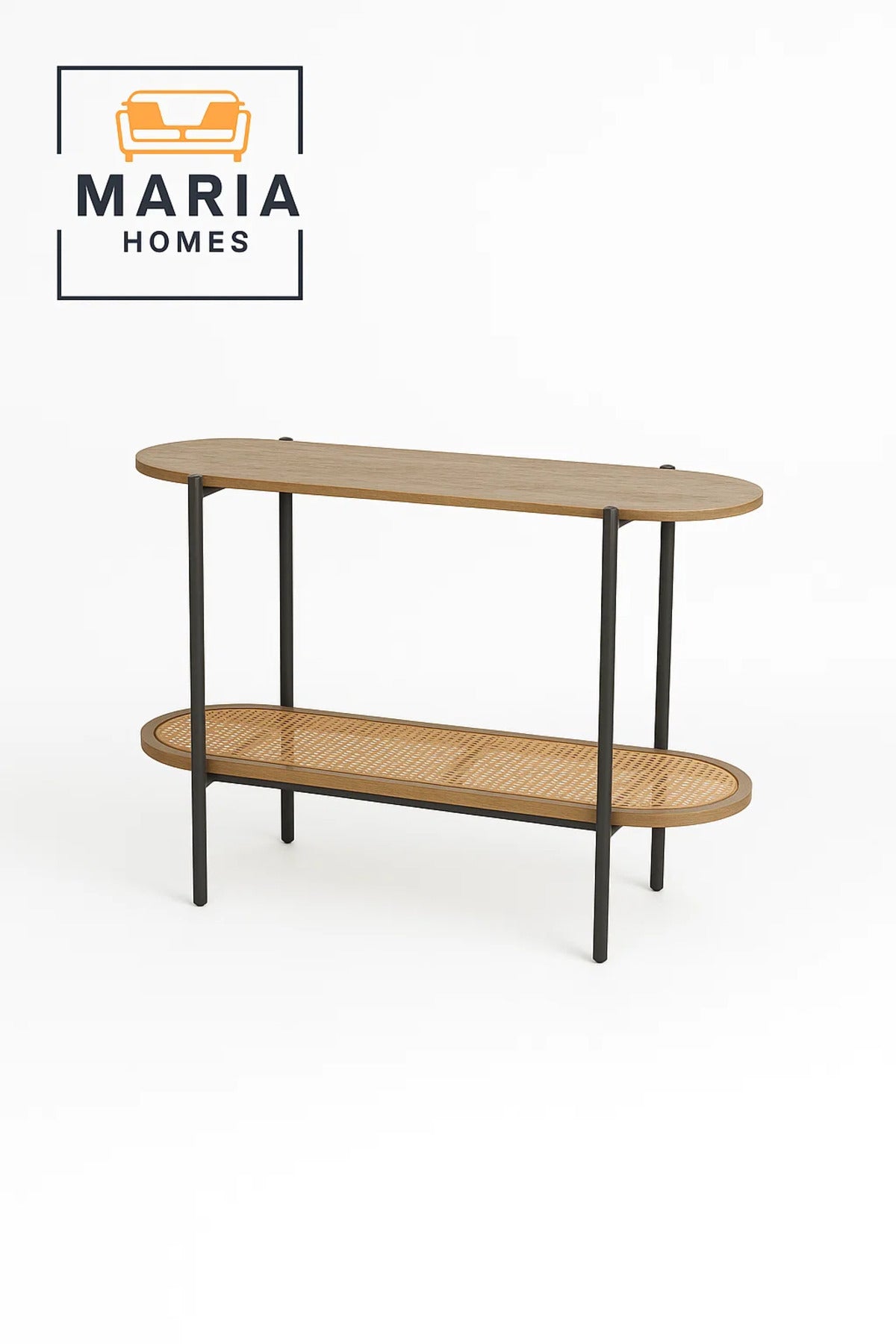 Oval Console Table with Wood Top and Rattan Shelf Ð Black Frame