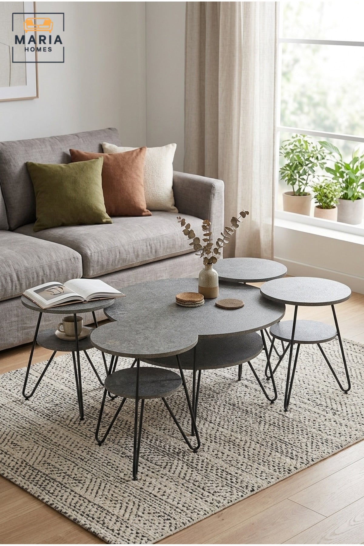 Modern Five-Piece Round Coffee Table Set with Four Nesting Side Tables, Lower Storage Shelves and Hairpin Legs for Living Room, Lounge and Office