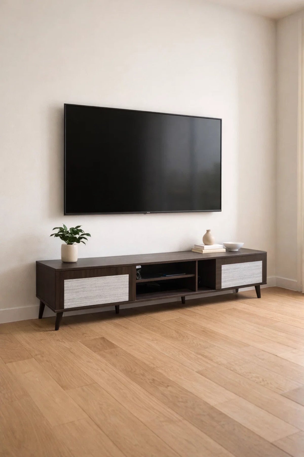 Brown & Grey TV Stand √ê 200x40x45 cm Modern Plasma Table with Cabinets & Shelves