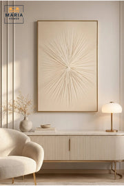 Beige Sunburst Abstract Wall Art with Gold Frame √ê Luxury Modern Textured Decorative Artwork