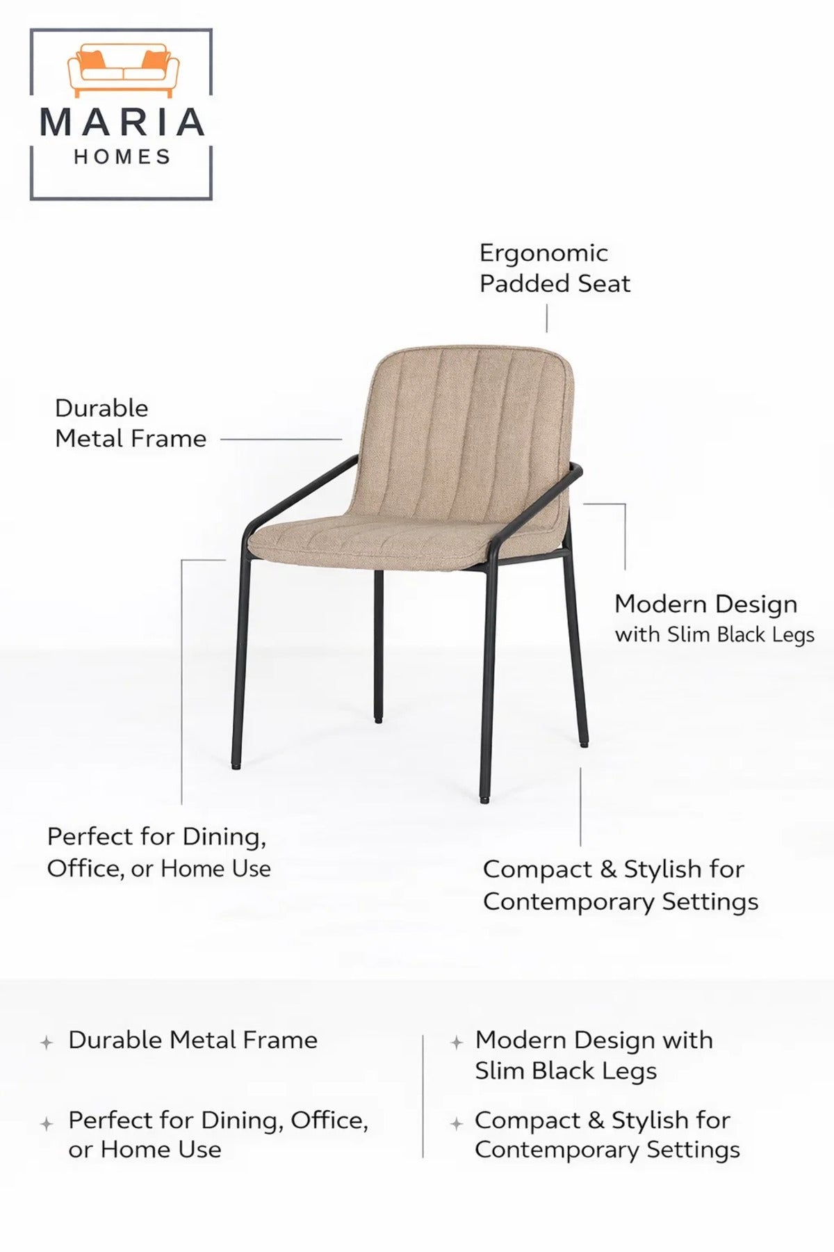 Khaki Upholstered Dining Chair with Black Metal Frame Ð Modern Accent Chair