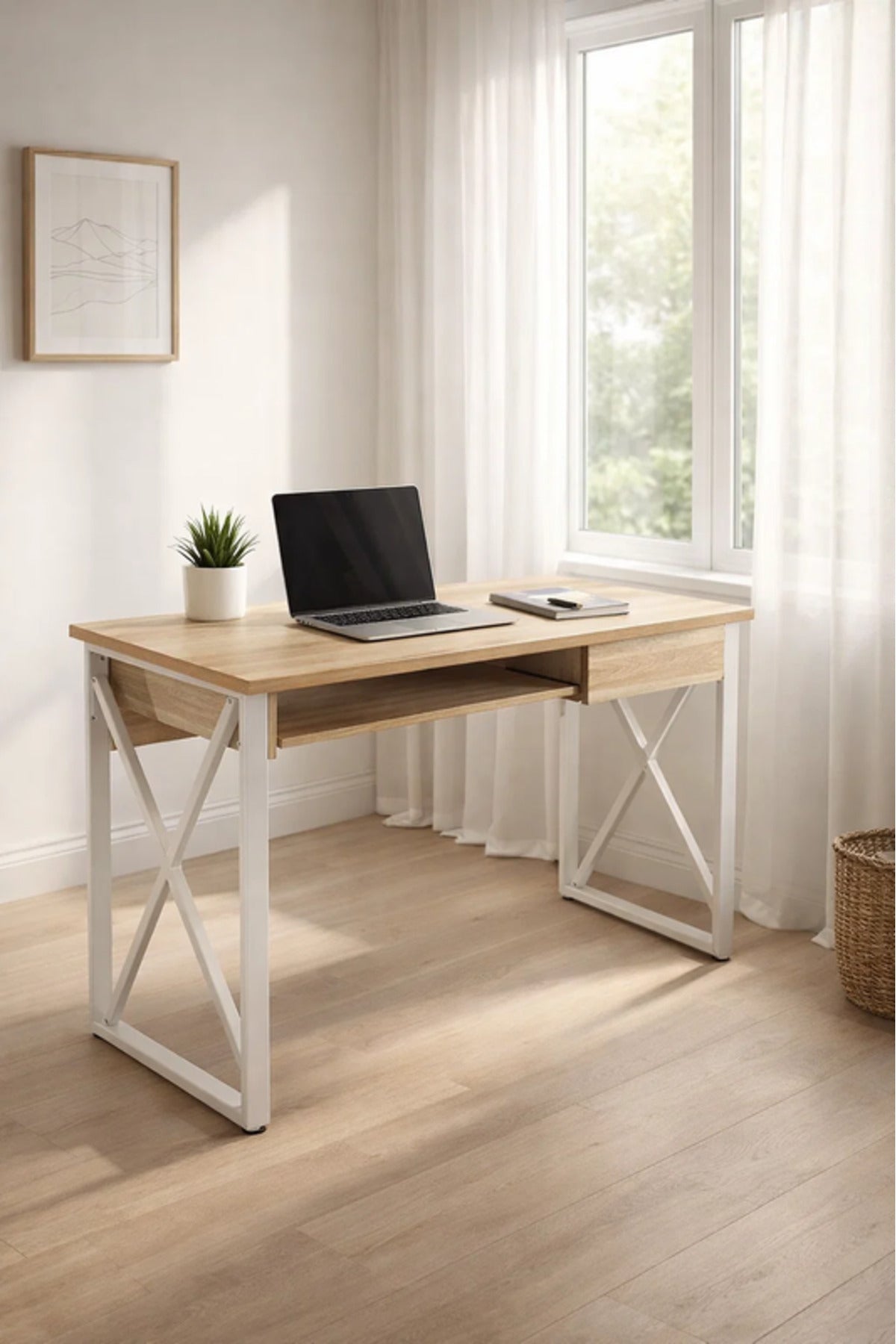 Modern Wood Office Desk with White Metal Frame modern wood office