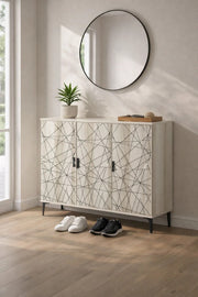 Stylish Geometric Shoe Cabinet 3 Door White Oak Finish with Black Metal Legs for Modern Home Entry