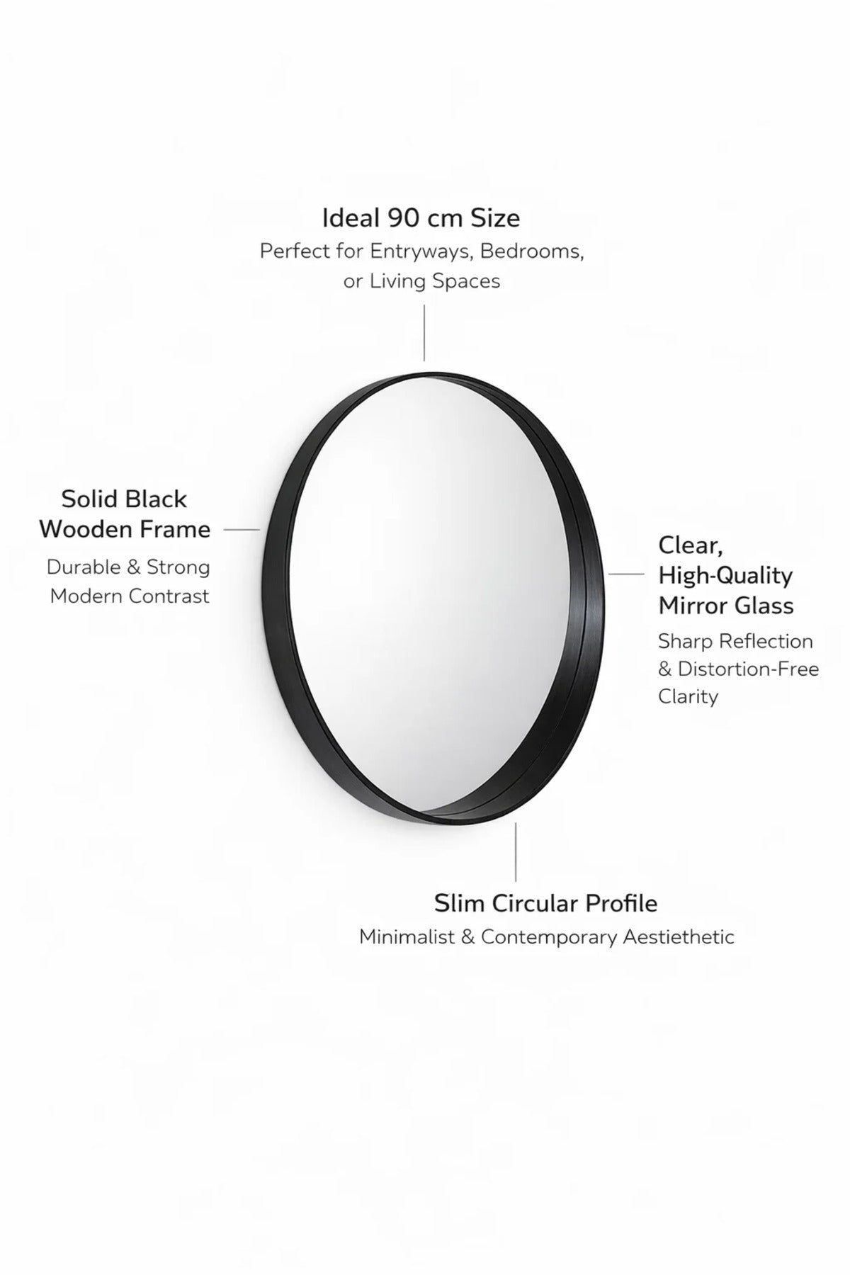 Modern Round Wall Mirror 90cm Large Black Wooden Frame Circle Mirror for Bathroom Vanity Living Room