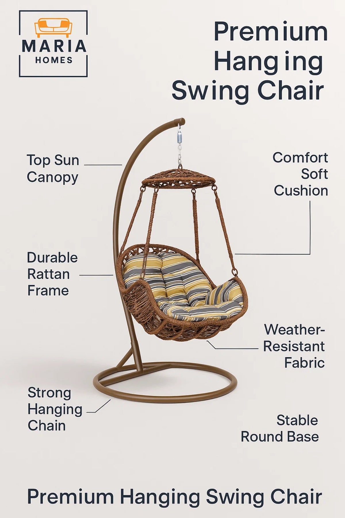 Modern Grey Rattan Hanging Swing Chair with Stand and Canopy for Outdoor Garden Patio Balcony