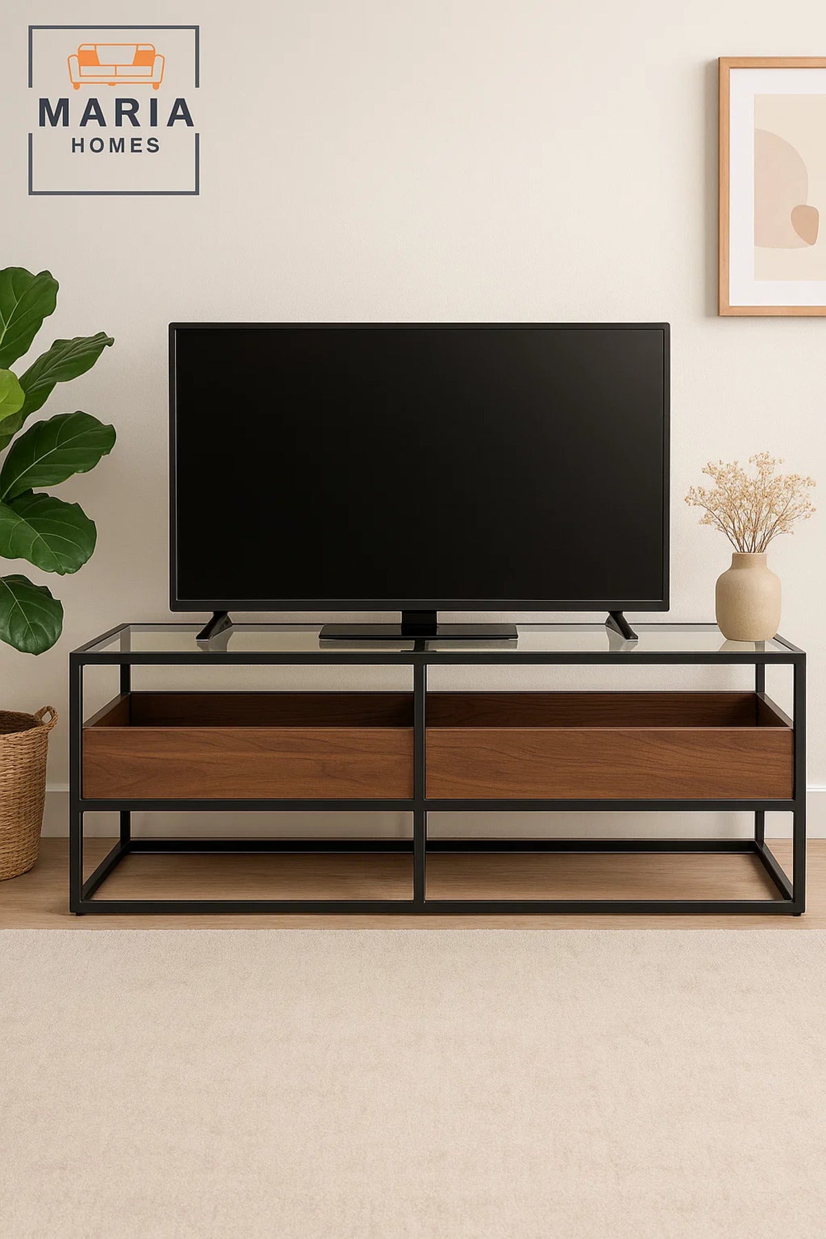 Modern Glass Top TV Stand with Walnut Wood Storage and Black Metal Frame Ð 160x40x45 cm