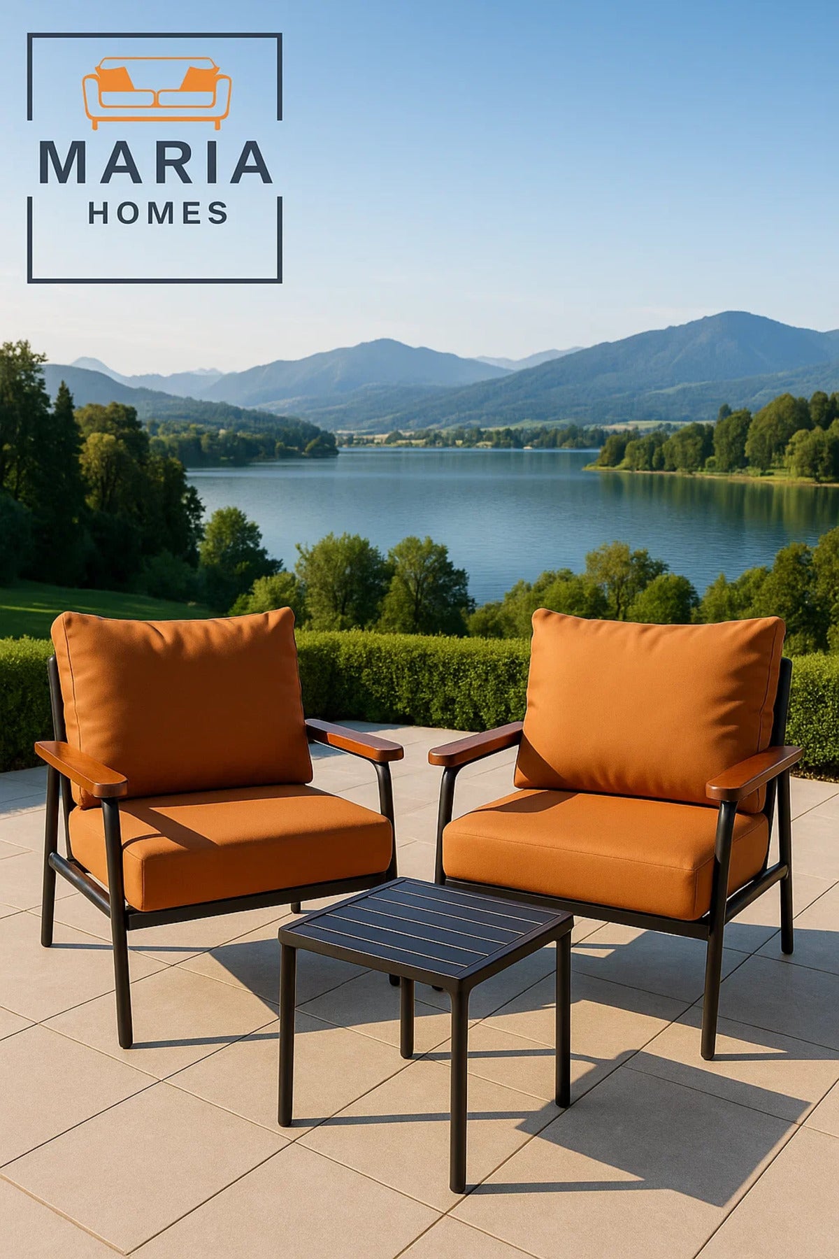 Modern Lounge Chair with Orange Faux Leather Ð Wooden Armrests & Metal Frame for Home or Office