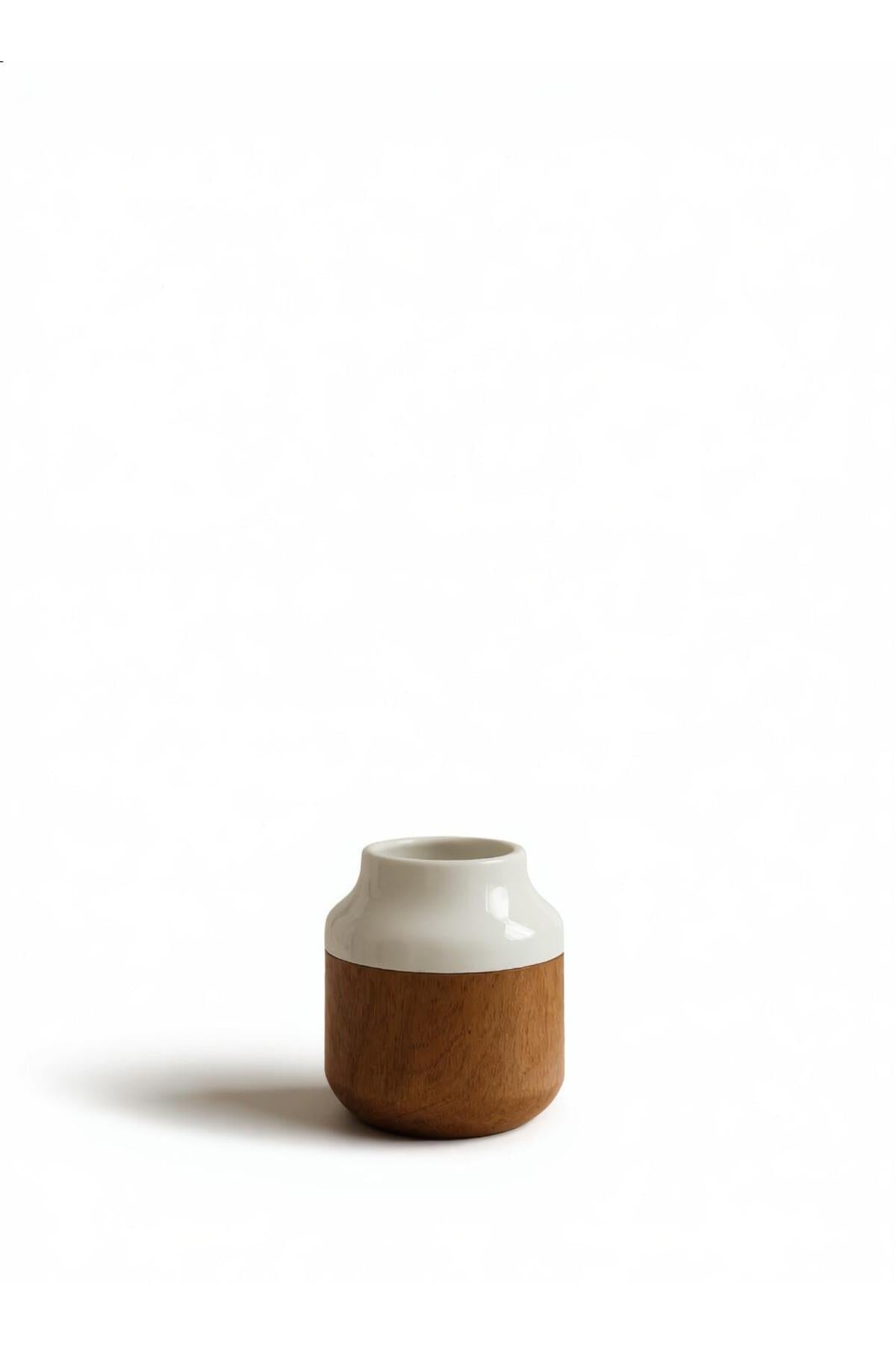 White and Cork Effect Ceramic Vase – Small Modern Decorative Flower Pot with Glossy Finish