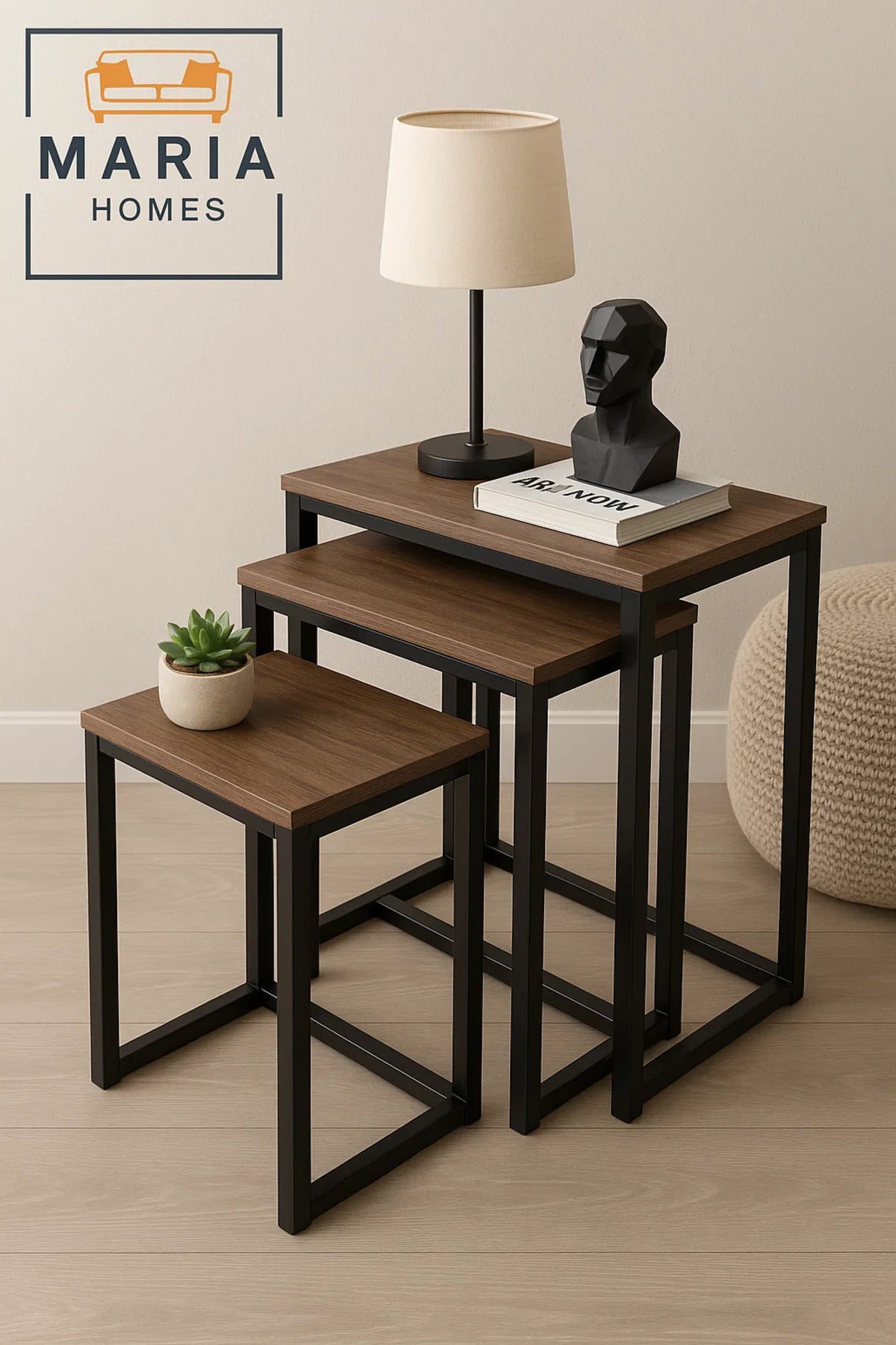 Set of 3 Rectangular Nesting Tables with Wood Tops and Black Frames