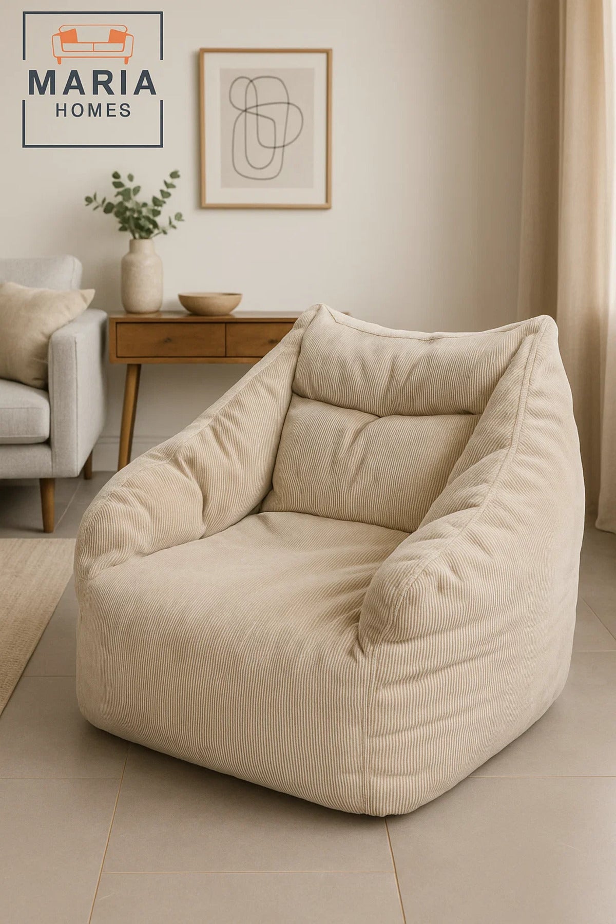 Beige Corduroy Bean Bag Chair Ð Large Floor Lounger with Back and Arm Support