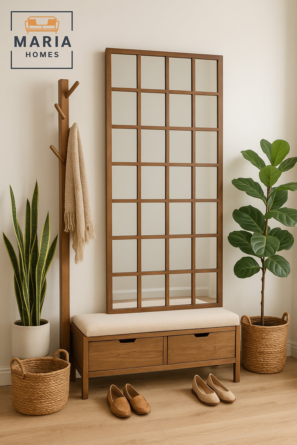 Natural Wooden Frame Wall Mirror with Grid Design Ð Decorative Full-Length Mirror (180_80 cm)